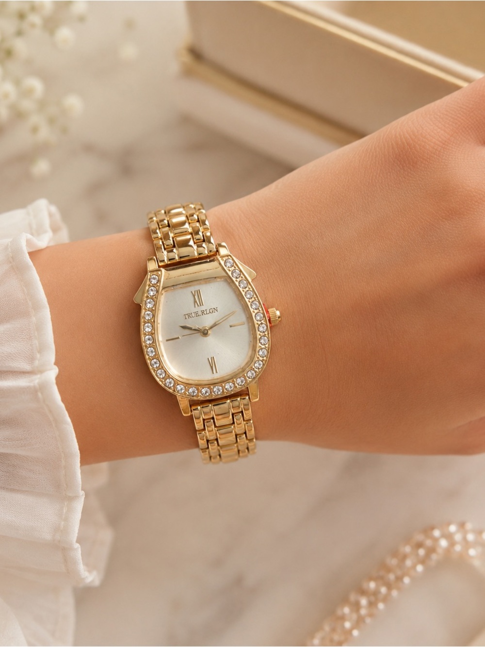 True Religion Gold Crystal Accent Women's Bracelet Watch